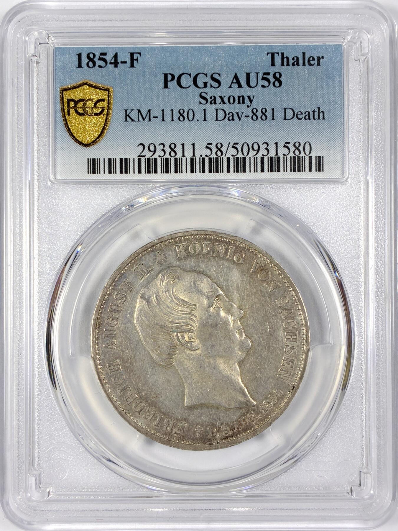 【雨安】【世界币章116期-评级币专场】2025-11-22 周六 19:30 保真【直播拍卖】 [评级德国] Germany 德国 德意志 萨克森 1泰勒 1854年 弗里德里希·奥古斯特二世  PCGS-AU58