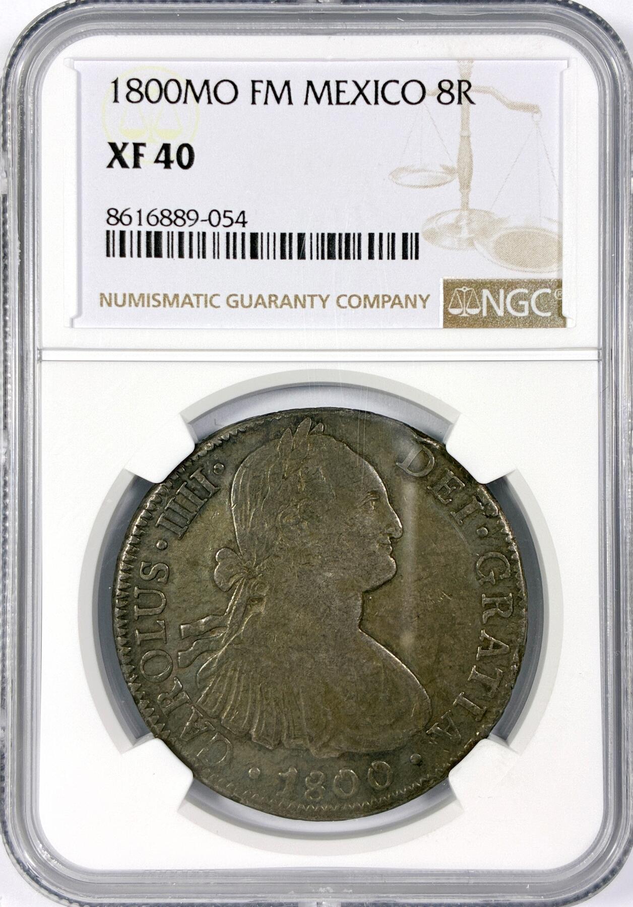 【雨安】【世界币章116期-评级币专场】2025-11-22 周六 19:30 保真【直播拍卖】 [评级美洲] Spanish Mexico 西属墨西哥 8里亚尔 卡洛斯四世 双柱 1800年  NGC-XF40