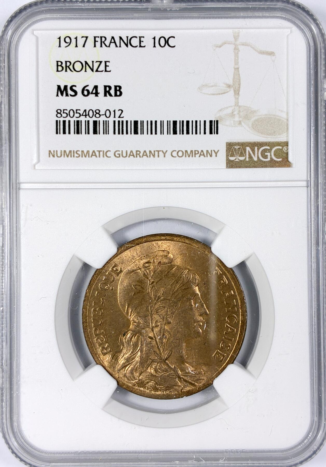 【雨安】【世界币章116期-评级币专场】2025-11-22 周六 19:30 保真【直播拍卖】 [评级法国] France 法国 10分 1917年  NGC-MS64