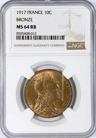 【雨安】【世界币章116期-评级币专场】2025-11-22 周六 19:30 保真【直播拍卖】 - [评级法国] France 法国 10分 1917年  NGC-MS64