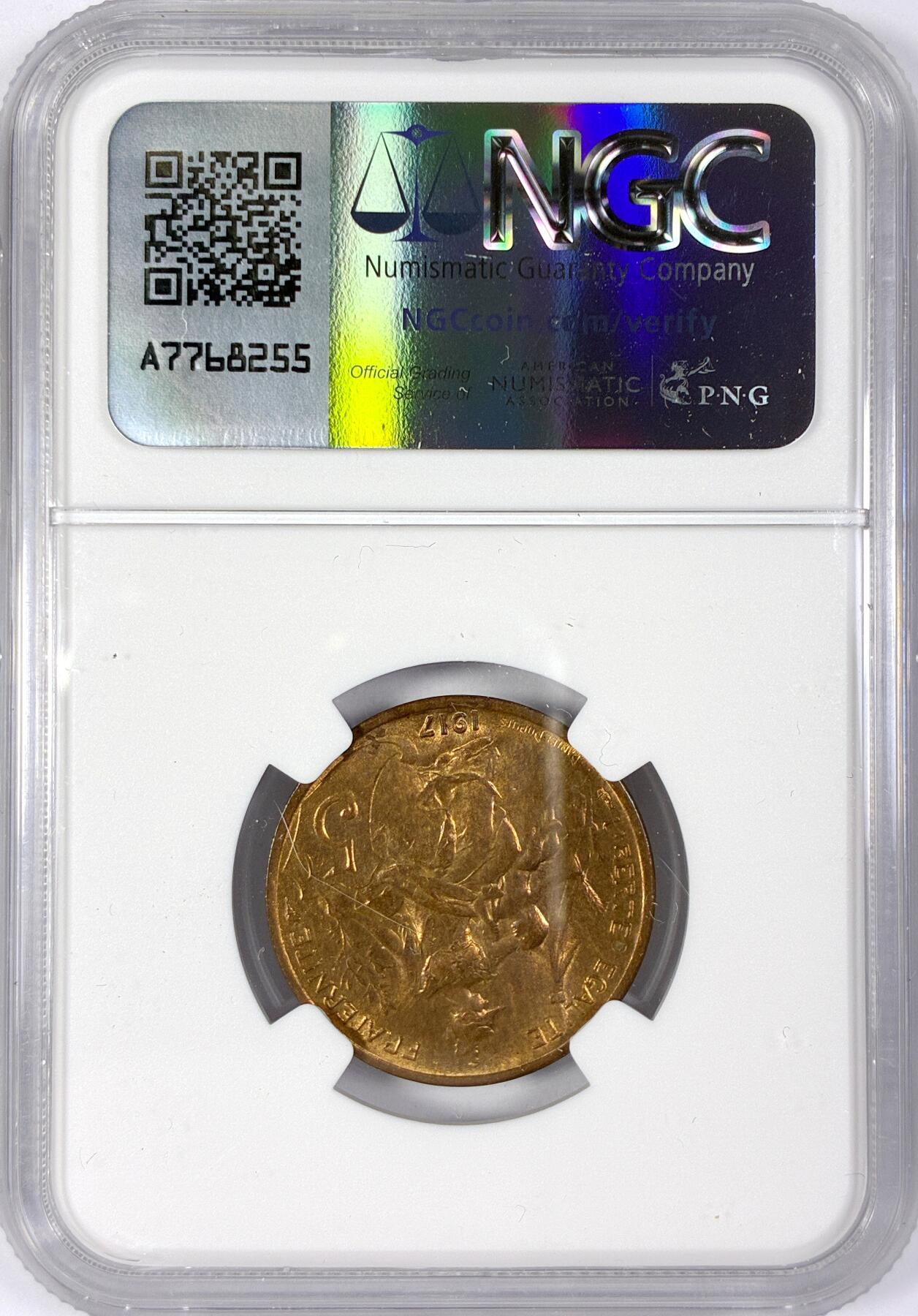 【雨安】【世界币章116期-评级币专场】2025-11-22 周六 19:30 保真【直播拍卖】 [评级法国] France 法国 5分 1917年  NGC-MS64