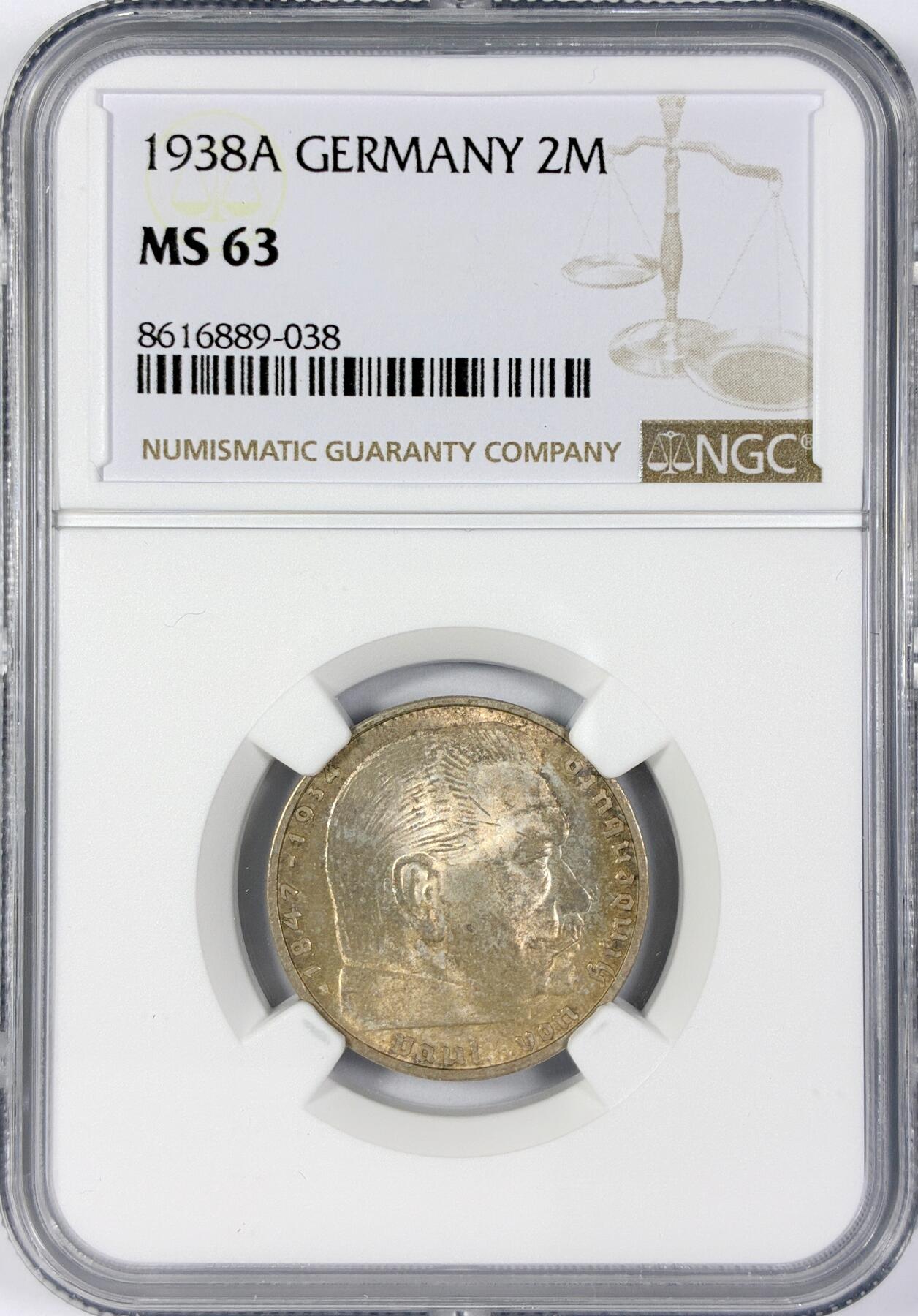 【雨安】【世界币章116期-评级币专场】2025-11-22 周六 19:30 保真【直播拍卖】 [评级德国] Germany 德国 第三帝国 2马克 KM#0093 (1936-1939) 万字 1938年  NGC-MS63