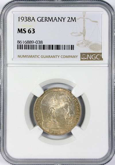 【雨安】【世界币章116期-评级币专场】2025-11-22 周六 19:30 保真【直播拍卖】 - [评级德国] Germany 德国 第三帝国 2马克 KM#0093 (1936-1939) 万字 1938年  NGC-MS63