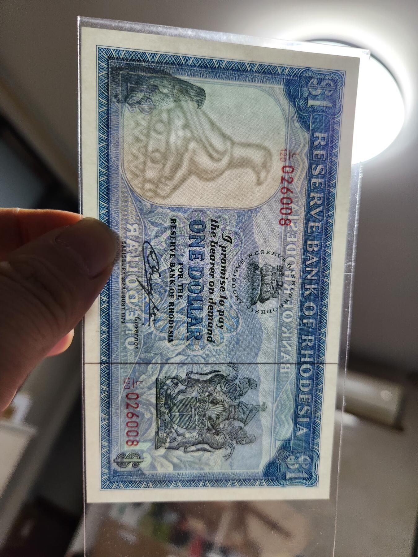 11月19号晚上8点 外国纸币自动截拍第61场 罗德西亚1979年1新品 动物水印026008好号