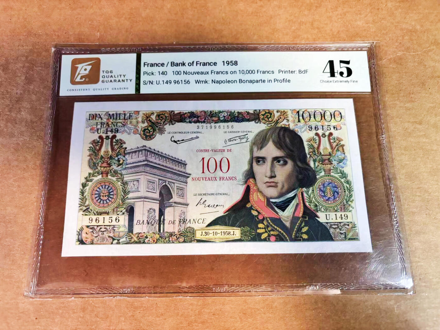 【Blue Auction】世界纸币精拍第752期——18级TOP拍卖/信誉/品质/专业/高效💫 【无47 红字加盖过渡版】法国1958年100新法郎 拿破仑 仅发行一年 TQG45