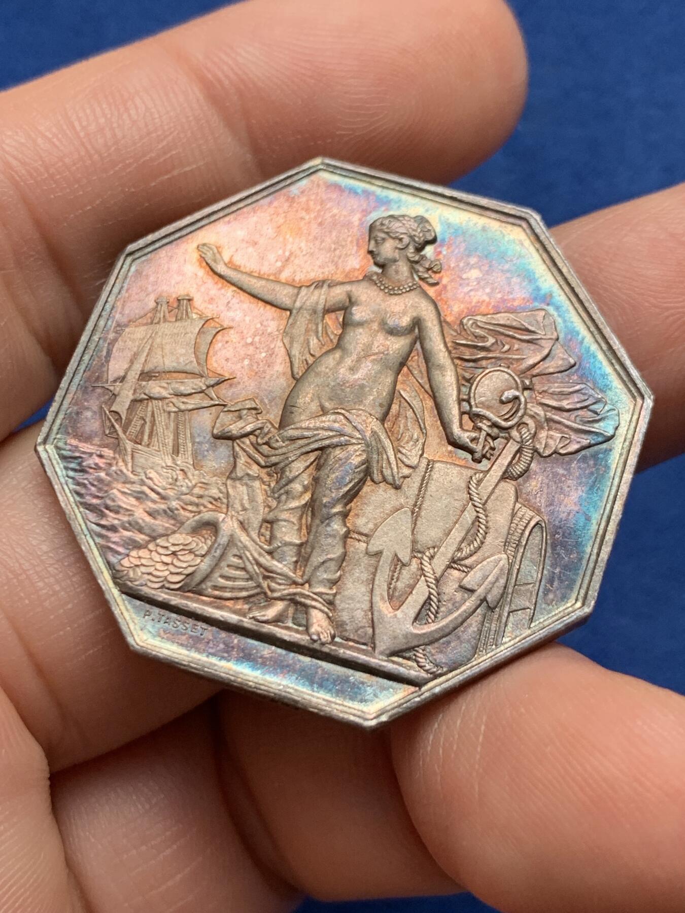 《竞宝斋》第440场 周日，周一，周二 3场连拍 （全场包邮） 法国八角银章，先见之明保险公司，19.12g，36.3mm，蜜蜂边铭