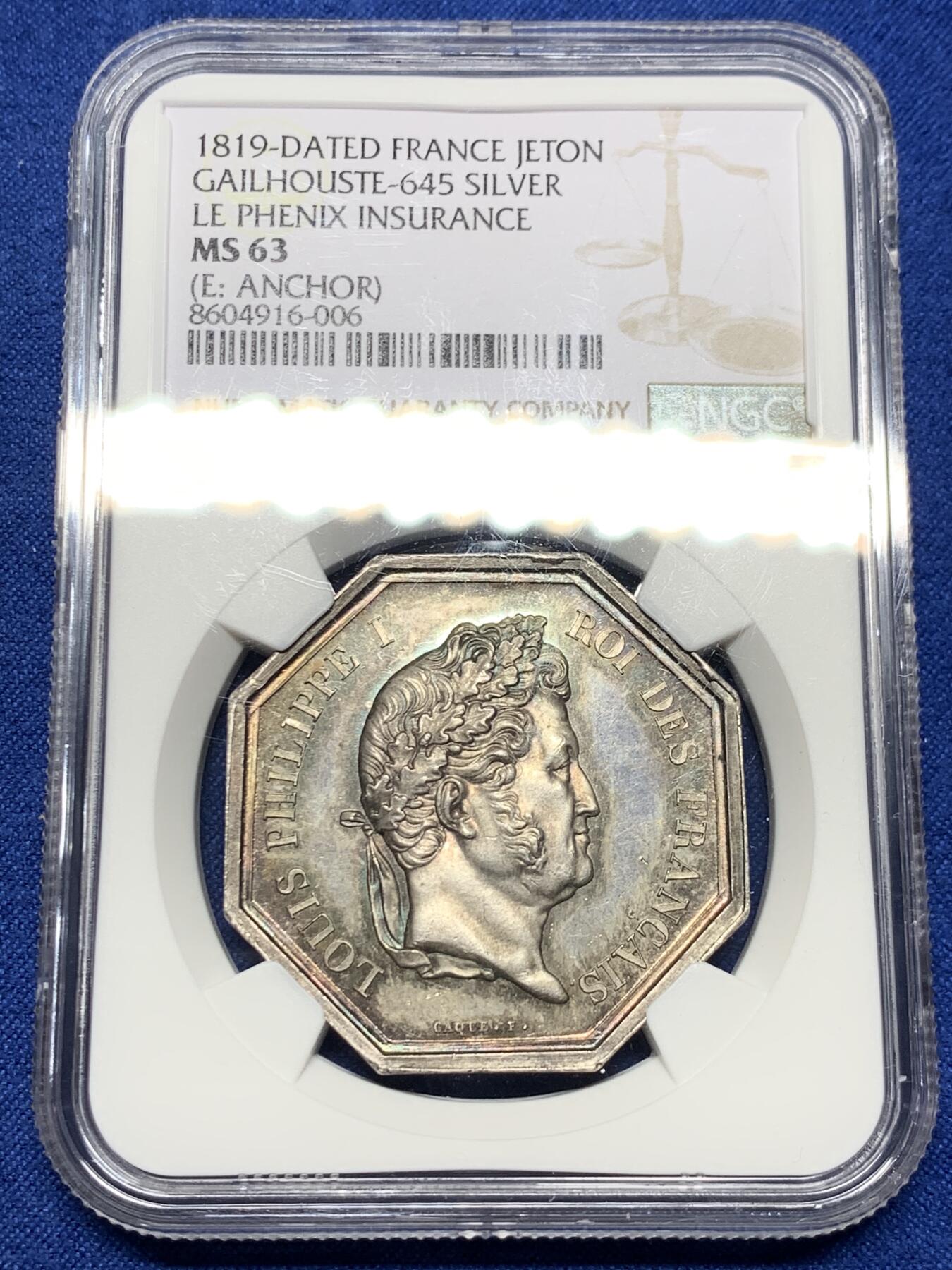 《竞宝斋》第440场 周日，周一，周二 3场连拍 （全场包邮） NGC MS63 高分 1819年福利普一世火灾保险大银章，极稀少边铭品种（边铭：锚），正面：菲利普一世皇冠图案；背面：火凤凰图案