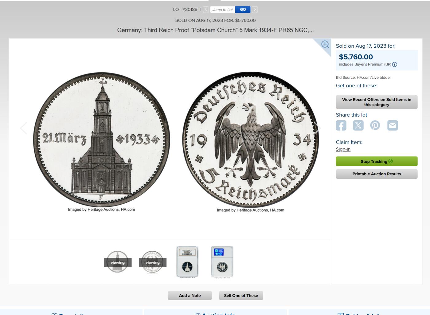 万国钱币拍卖第055期 NGC PF66CAM 1934年德三帝国波茨坦教堂加字精制5马克 普制通货极其常见的品种 但顶级品相的精制一直都是可遇不可求的存在 黝黑深度镜面精制底板 喷砂质感的教堂与帝国鹰 无需赘述的一枚GEM级别精制德三教堂 NGC唯一冠军分 23年8月HA一枚PF65成交价5760美金供参考