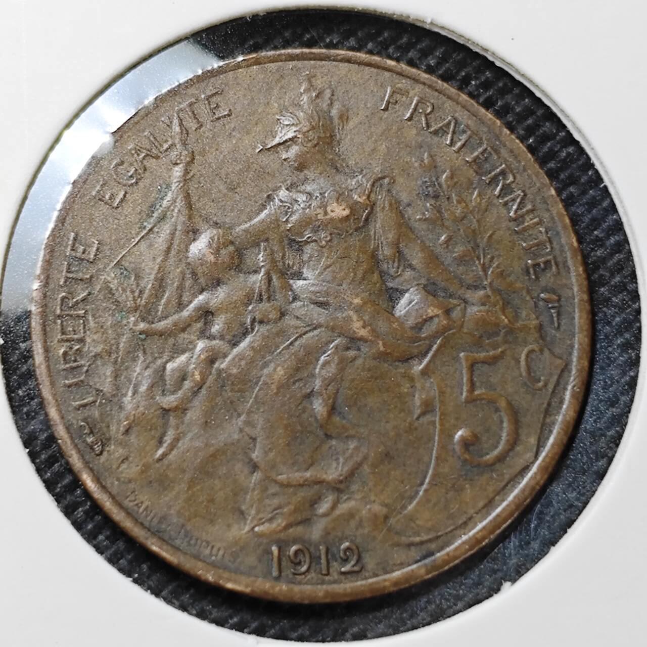 KK钱币收藏小铺  第360场  2月预留时间 周末发货 1912法国5分 