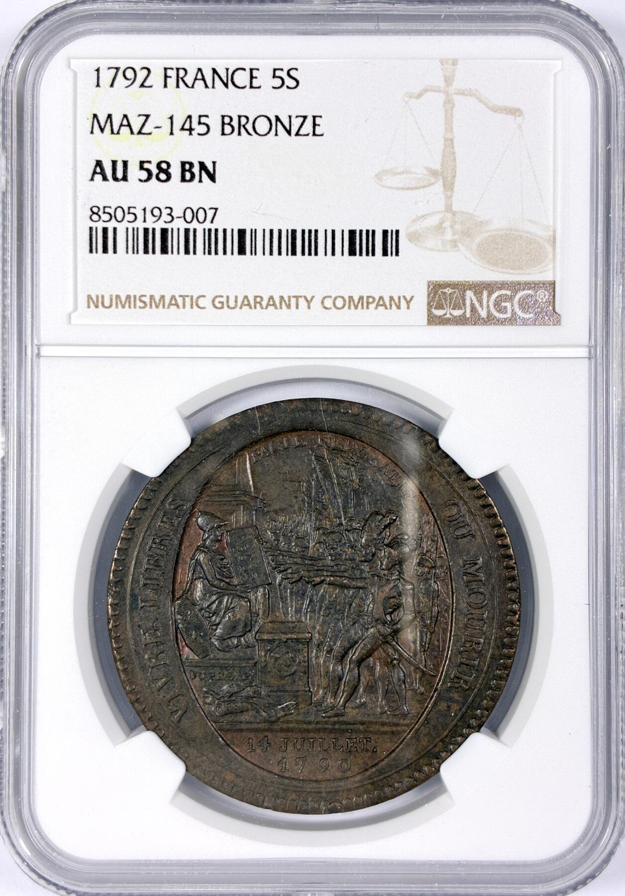 【雨安】【世界币章116期-评级币专场】2025-11-22 周六 19:30 保真【直播拍卖】 [评级法国] France 法国 Token 5索尔 KM# Tn31 1792年 大革命莫奈龙  NGC-AU58