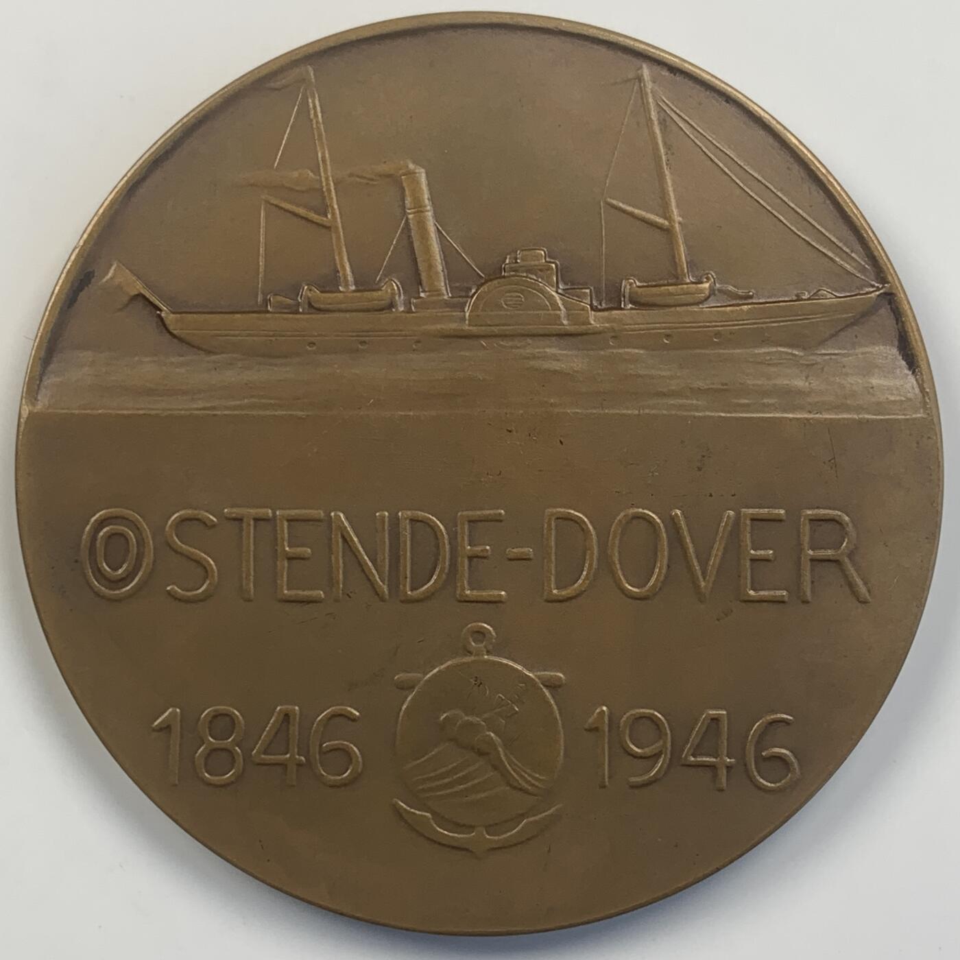 掌中浮雕-藏着的欧洲第042场 1946年比利时阿尔伯特亲王号奥斯坦德-多佛尔航线百年纪念大铜章，70mm，148g