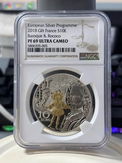 第182期拍卖 - 法国2018年欧洲之星巴洛克和洛可可精制镀金银币NGC-PF69无盒无证书，900银，22.2克，发行10000枚