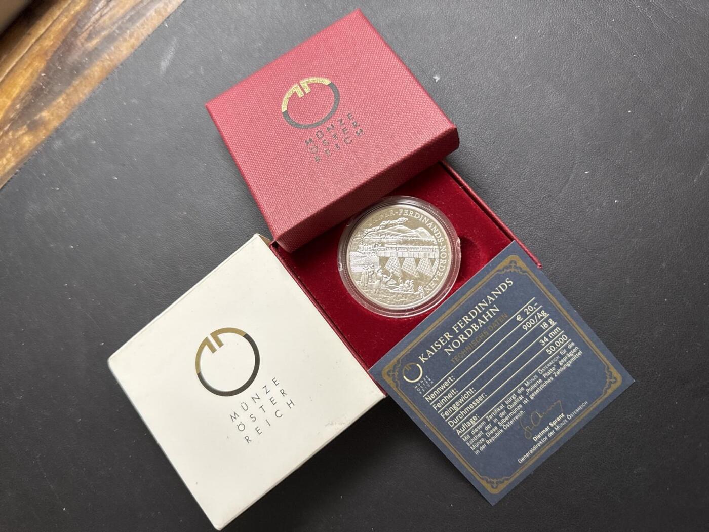 ❤️【币观天下】❤️ 第331期钱币拍卖- 2025.11.21周五晚上6点半场-长期征集拍品 原厂盒证奥地利2007年20欧元维也纳Triest南线铁路精制银币900银20克直径34毫米