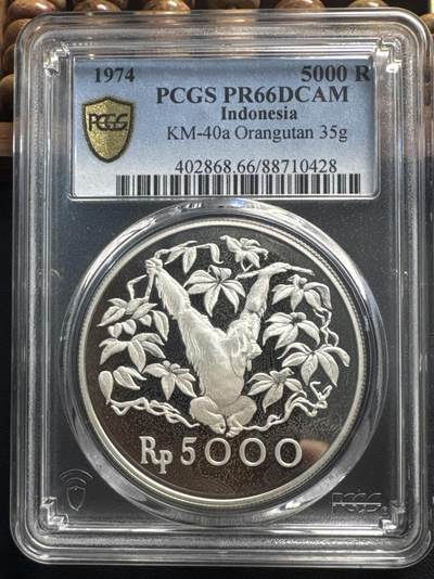 ❤️【币观天下】❤️ 第331期钱币拍卖- 2025.11.21周五晚上6点半场-长期征集拍品 - 印度尼西亚1974WWF大猩猩长臂猿银币 PCGS PR66