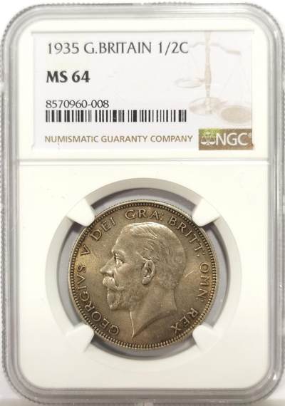 博洋堂世界钱币拍卖第147期（全场包邮） - NGC MS64 英国乔治五世1935年半克朗银币，包浆浓郁，乔治五世的币上64都不容易，这枚状态难得