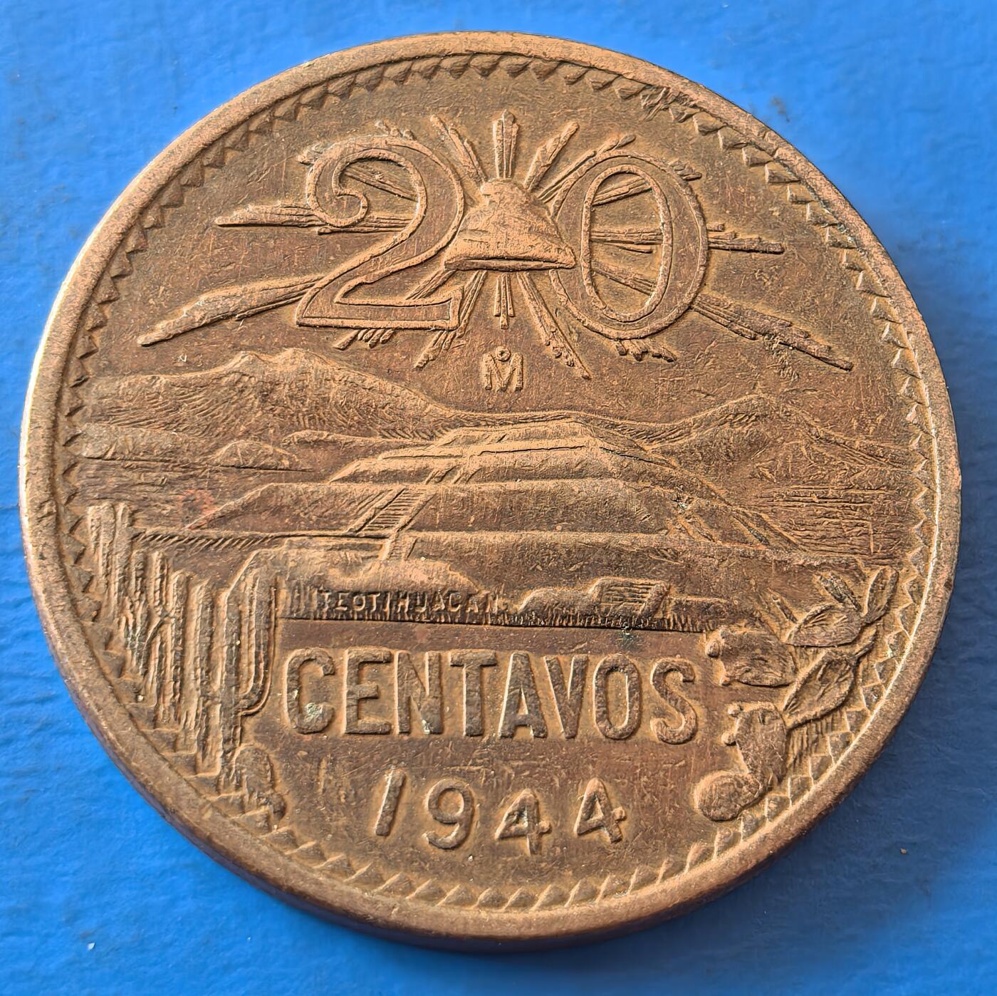 外国优质老铜币银币，周六九点倒数截拍，满百包邮，可寄存半年，喜欢朋友微信扫描二维码可直接参拍 墨西哥1944年玛雅金字塔20分