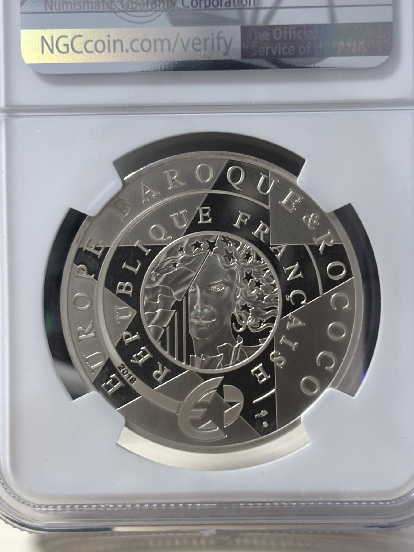 第182期拍卖 法国2018年欧洲之星巴洛克和洛可可精制镀金银币NGC-PF69无盒无证书，900银，22.2克，发行10000枚