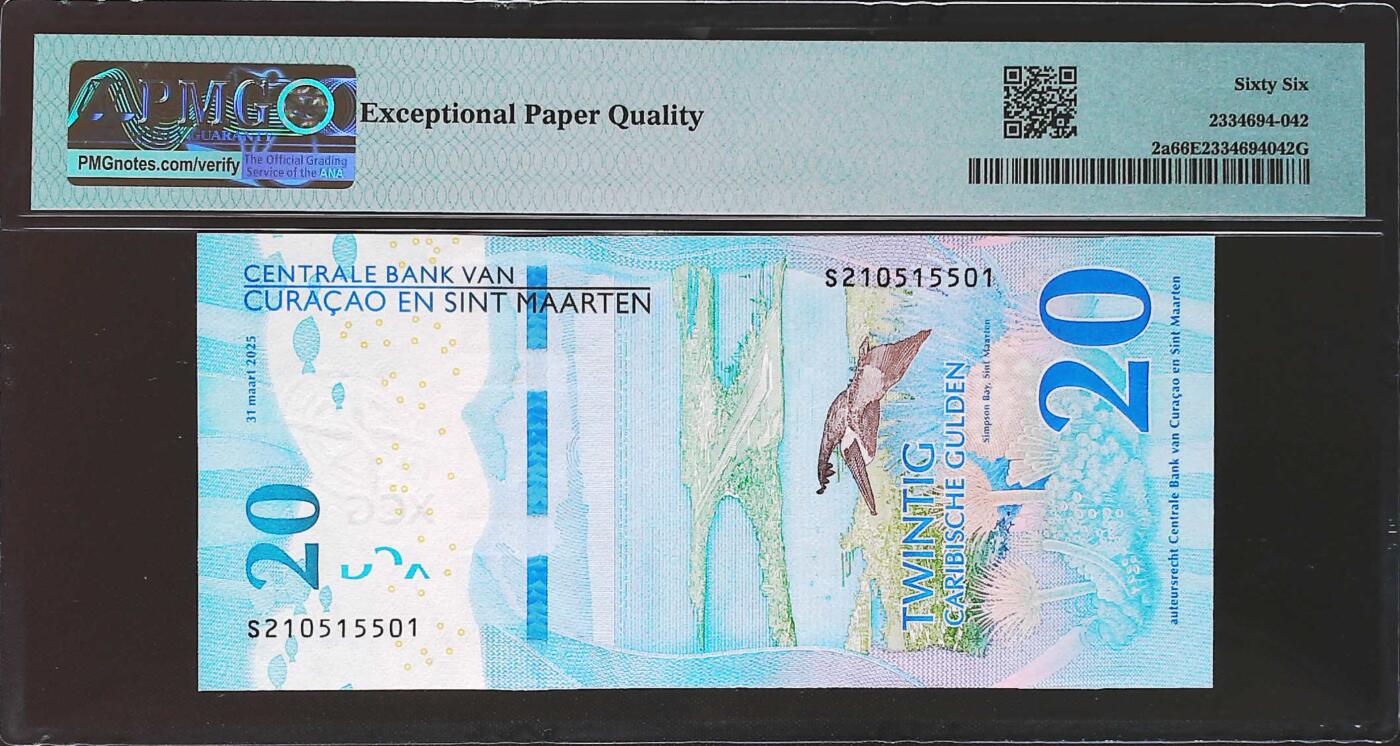 世界靓号纸钞第七十八期 2025年库拉索20盾 全程无347 PMG66 高颜值的一张