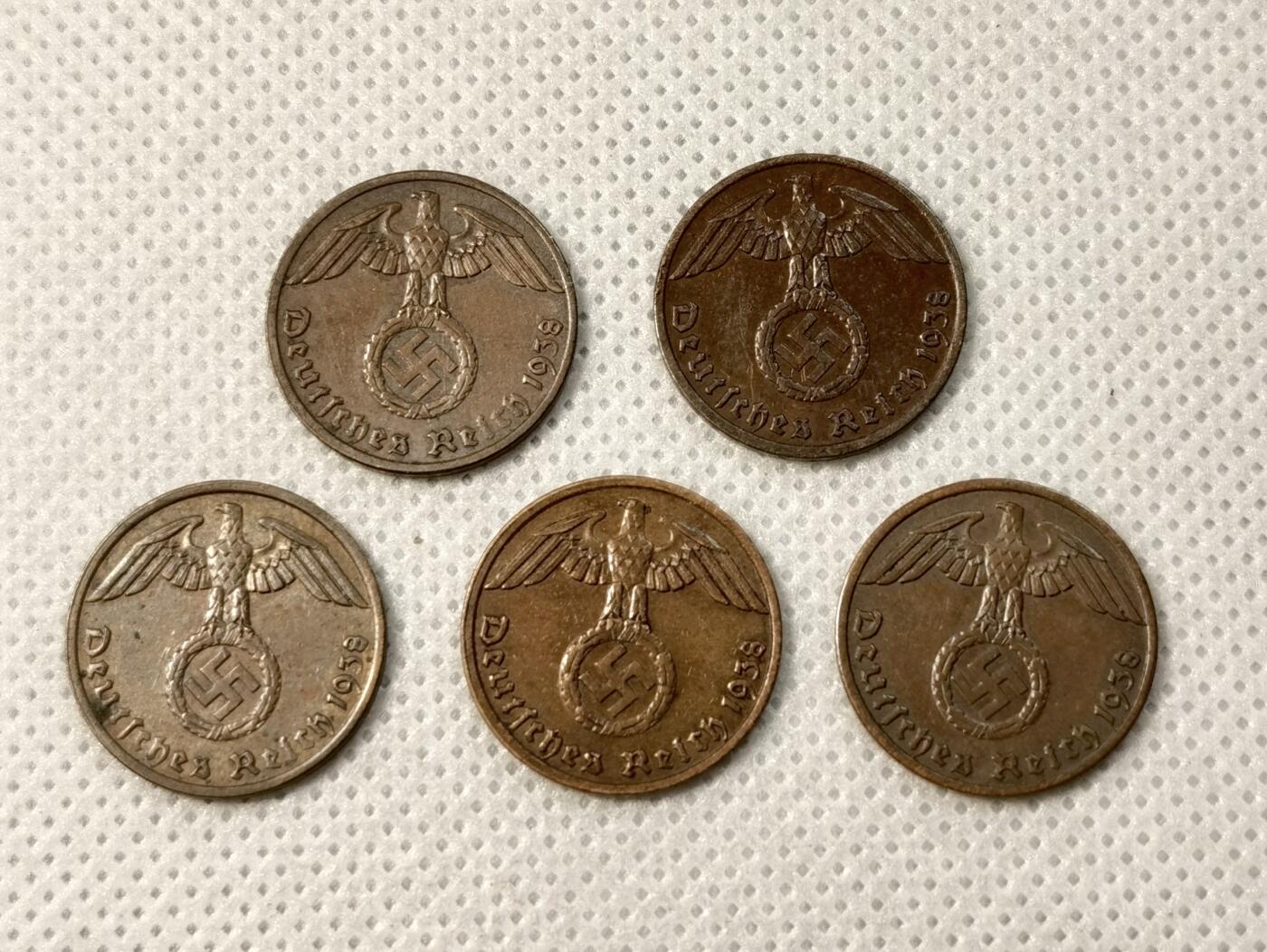 甄臻铺-世界币章拍卖（第40期）送拍享返佣金等优惠多多 德国1938年1芬尼铜币5枚