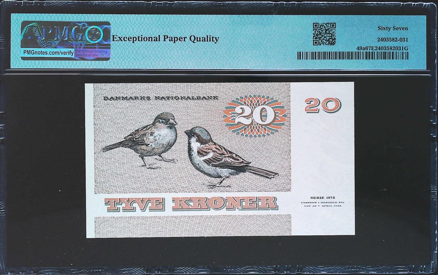 世界靓号纸钞第七十八期 1979年丹麦20克朗 靓号 倒置号 PMG67