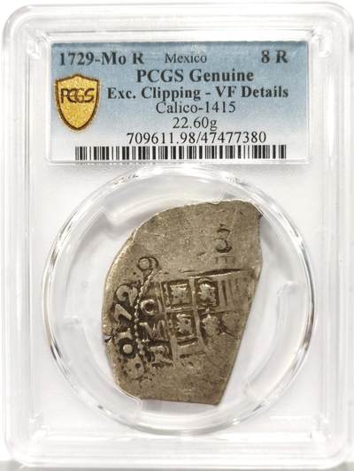 博洋堂世界钱币拍卖第147期（全场包邮） - PCGS VF 墨西哥1729年MO R菲利普五世时期8里亚尔Cob大银币，22.6g，年份厂名非常清晰，国内难得一见的品种