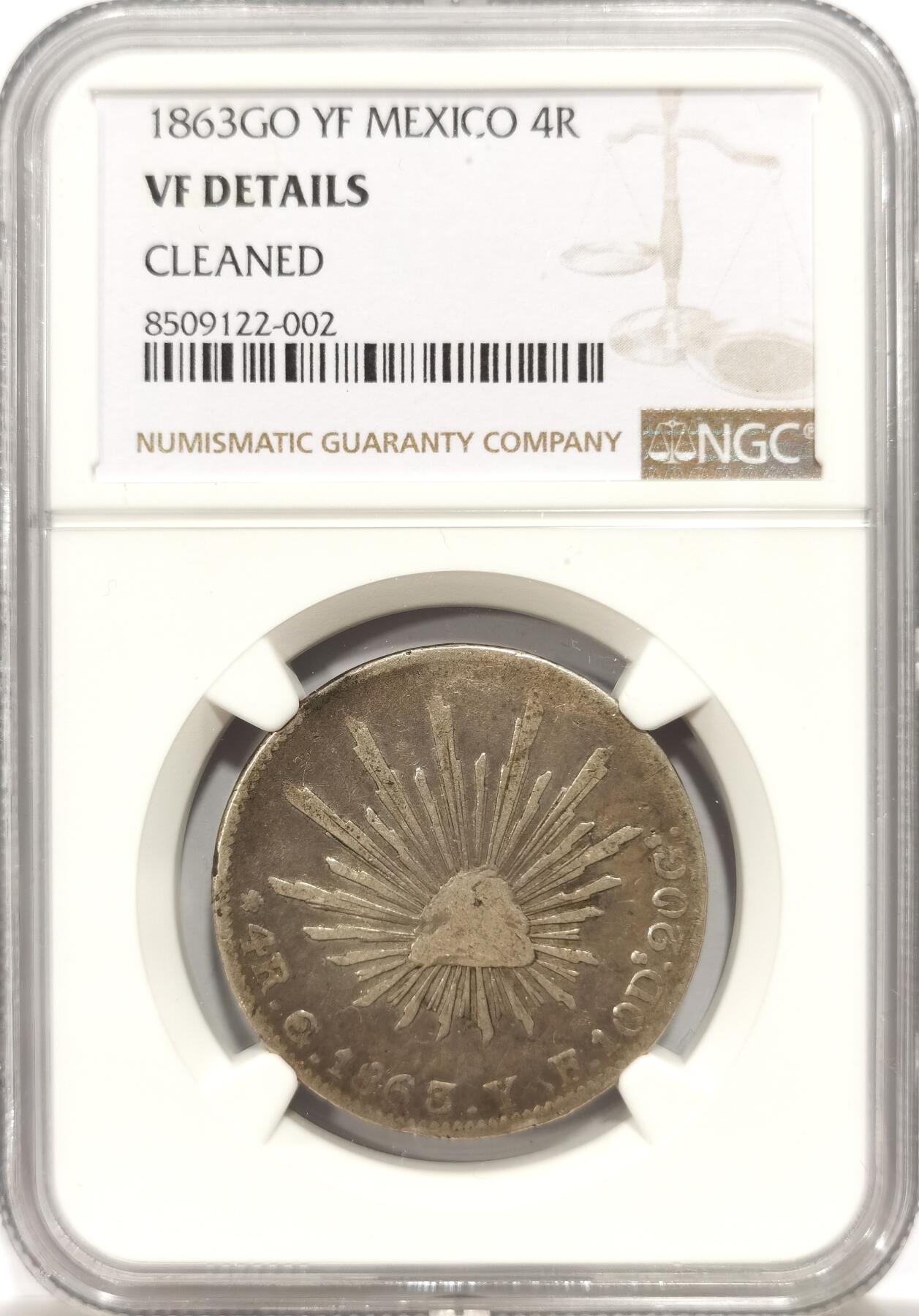 博洋堂世界钱币拍卖第147期（全场包邮） NGC VF 墨西哥1863年GO YF版4R鹰洋半圆银币，远比8R要少