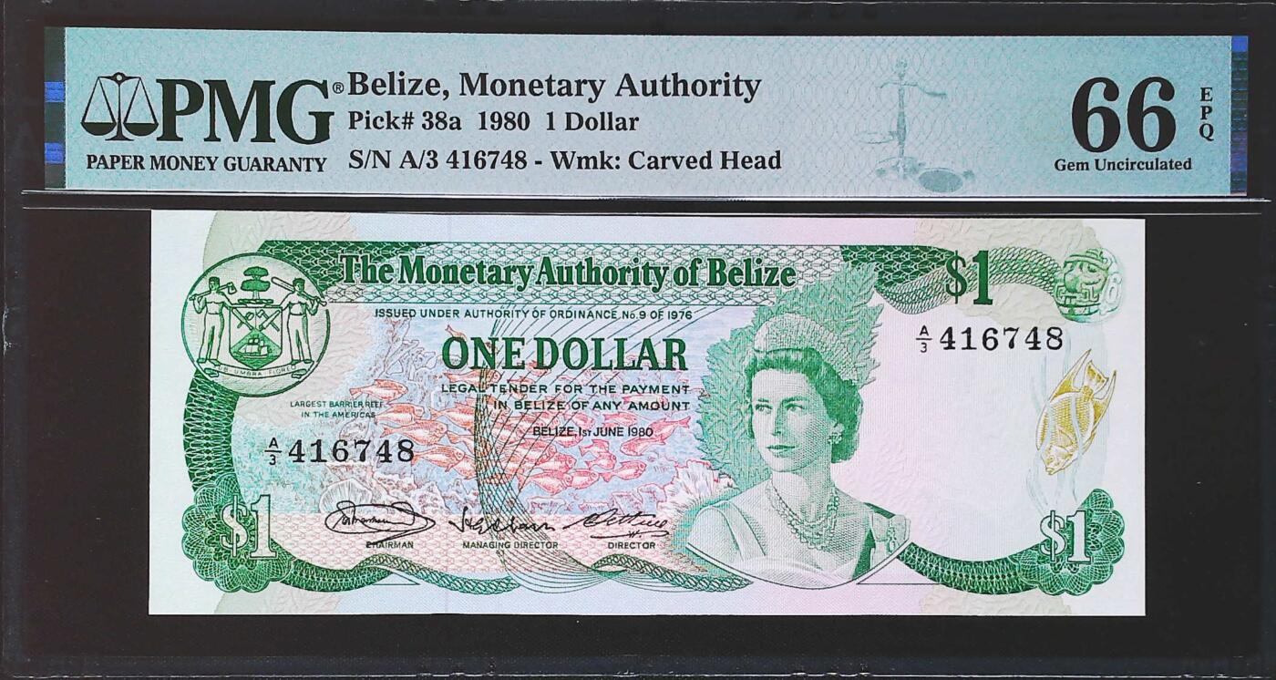 世界靓号纸钞第七十八期 1980年伯利兹1元 早期女王 PMG66