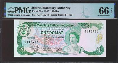 世界靓号纸钞第七十八期 - 1980年伯利兹1元 早期女王 PMG66