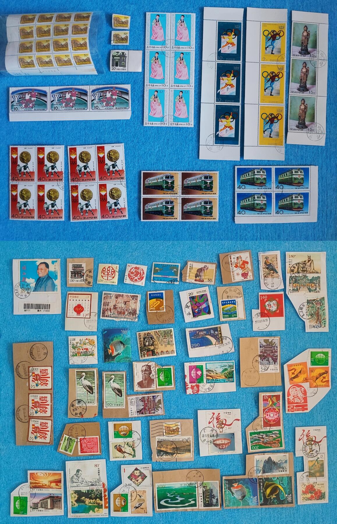 11月19日 🌏全球币章 多品：品相不太好的邮票一堆（第一图）16连体黄色中国邮票未使用近新品相+外国盖销邮票近新品相一堆+中国已使用旧品相邮票一堆（其中3枚中国单独旧品相邮票是赠送）