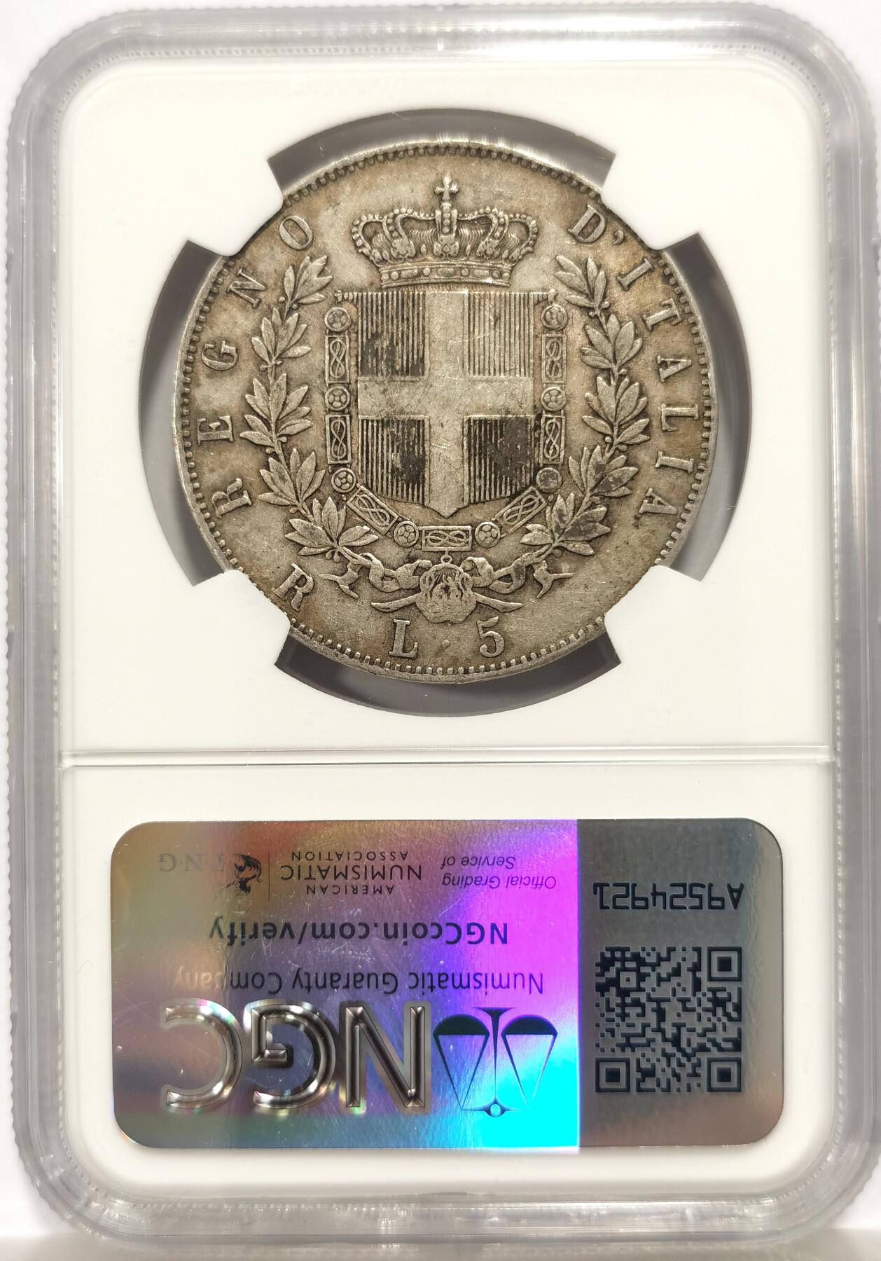 博洋堂世界钱币拍卖第147期（全场包邮） NGC XF45 意大利1876R伊曼纽尔二世五里拉，老包浆原味美品，状态好