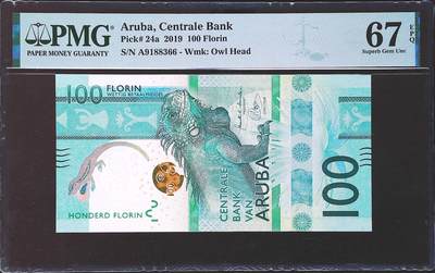 世界靓号纸钞第七十八期 - 2019年阿鲁巴100弗洛林 首发A冠 全程无47尾66 PMG67 2019年IBNS世界最佳纸币