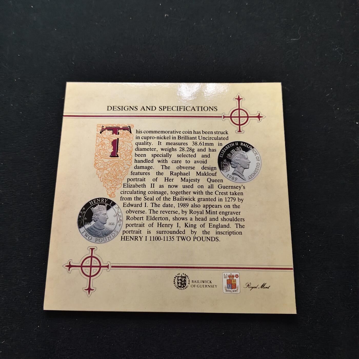 【全场包邮】纯粹捡漏拍479场（免费代拍第16场） 根西1989年2镑亨利一世官方封装纪念币-量10000