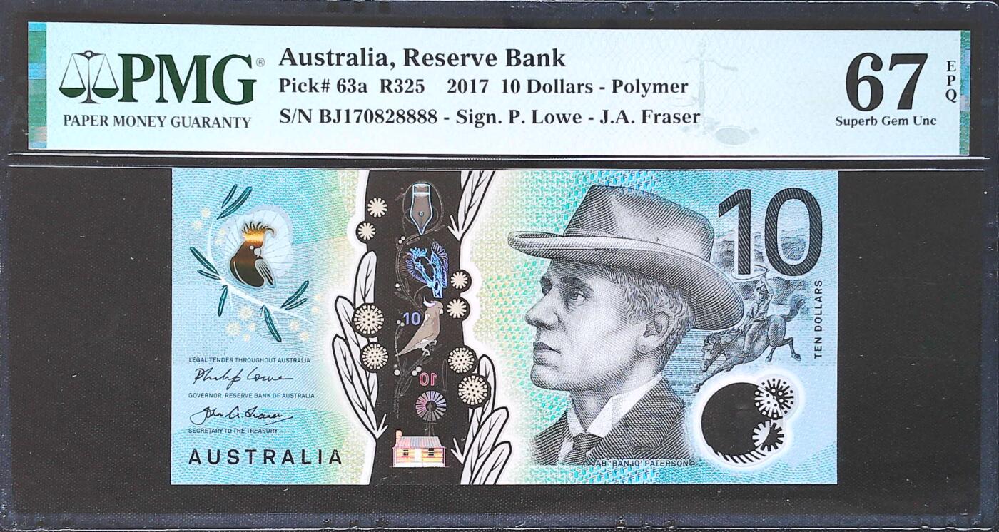 世界靓号纸钞第七十八期 2017年澳大利亚10元 全偶数 狮子号8888 PMG67