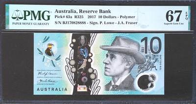 世界靓号纸钞第七十八期 - 2017年澳大利亚10元 全偶数 狮子号8888 PMG67