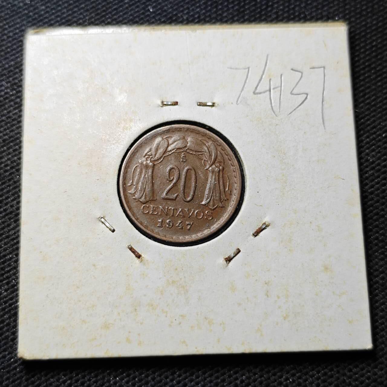 KK钱币收藏小铺  第374场  2月预留时间 周末发货  1947智利20分铜币