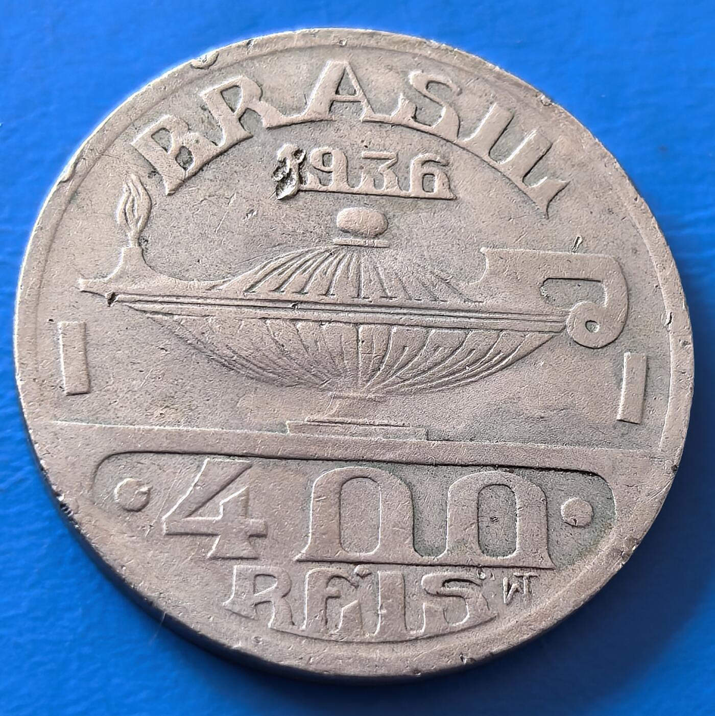 外国优质老铜币银币，周六九点倒数截拍，满百包邮，可寄存半年，喜欢朋友微信扫描二维码可直接参拍 巴西阿拉丁神灯1936年400瑞斯