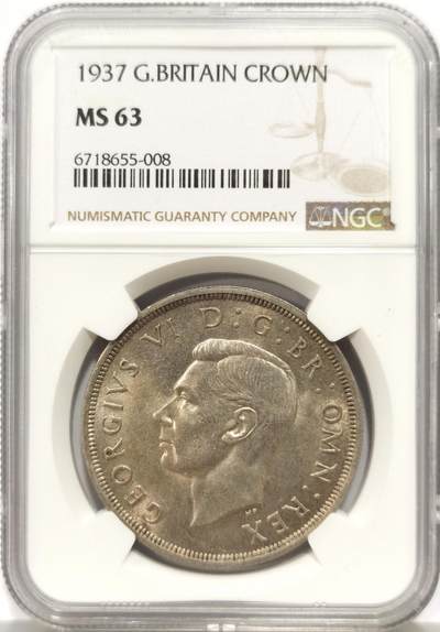 博洋堂世界钱币拍卖第147期（全场包邮） - NGC MS63 英国1937年乔治六世登基1克朗银币，原汁原味老包浆，包浆醇厚，转光强烈细节优秀，极美黄油彩。