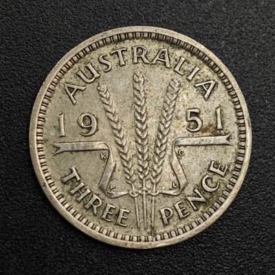 【淘币小摊】实时拍第八百零一拍   散币场   满百包邮可预留二周 每周一统一发货   - 澳大利亚1951年乔治六世3便士银币