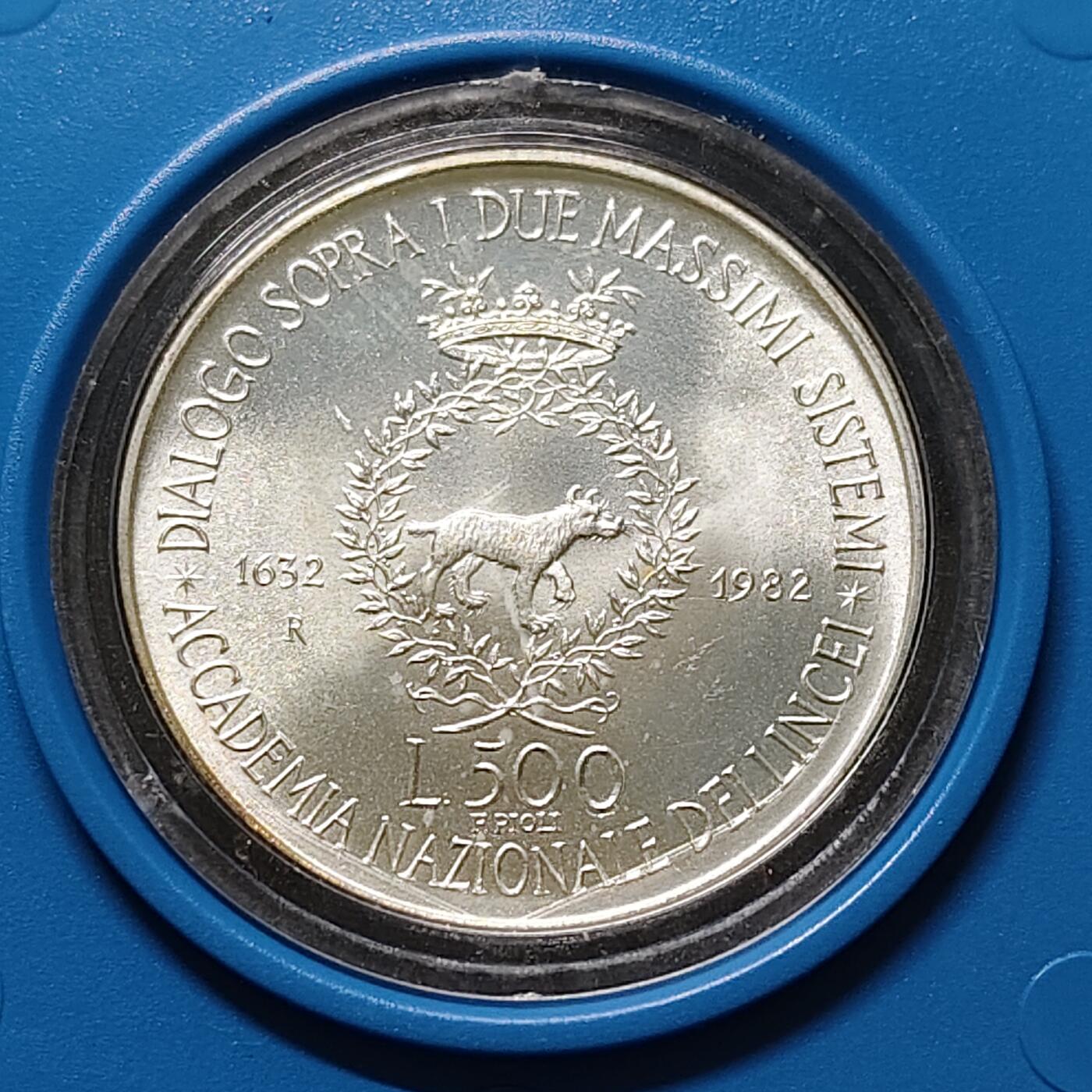 【全场包邮】纯粹捡漏拍479场（免费代拍第16场） 意大利1982年500里拉伽利略公共图书馆350周年（29.3毫米11克）纪念银币-原盒