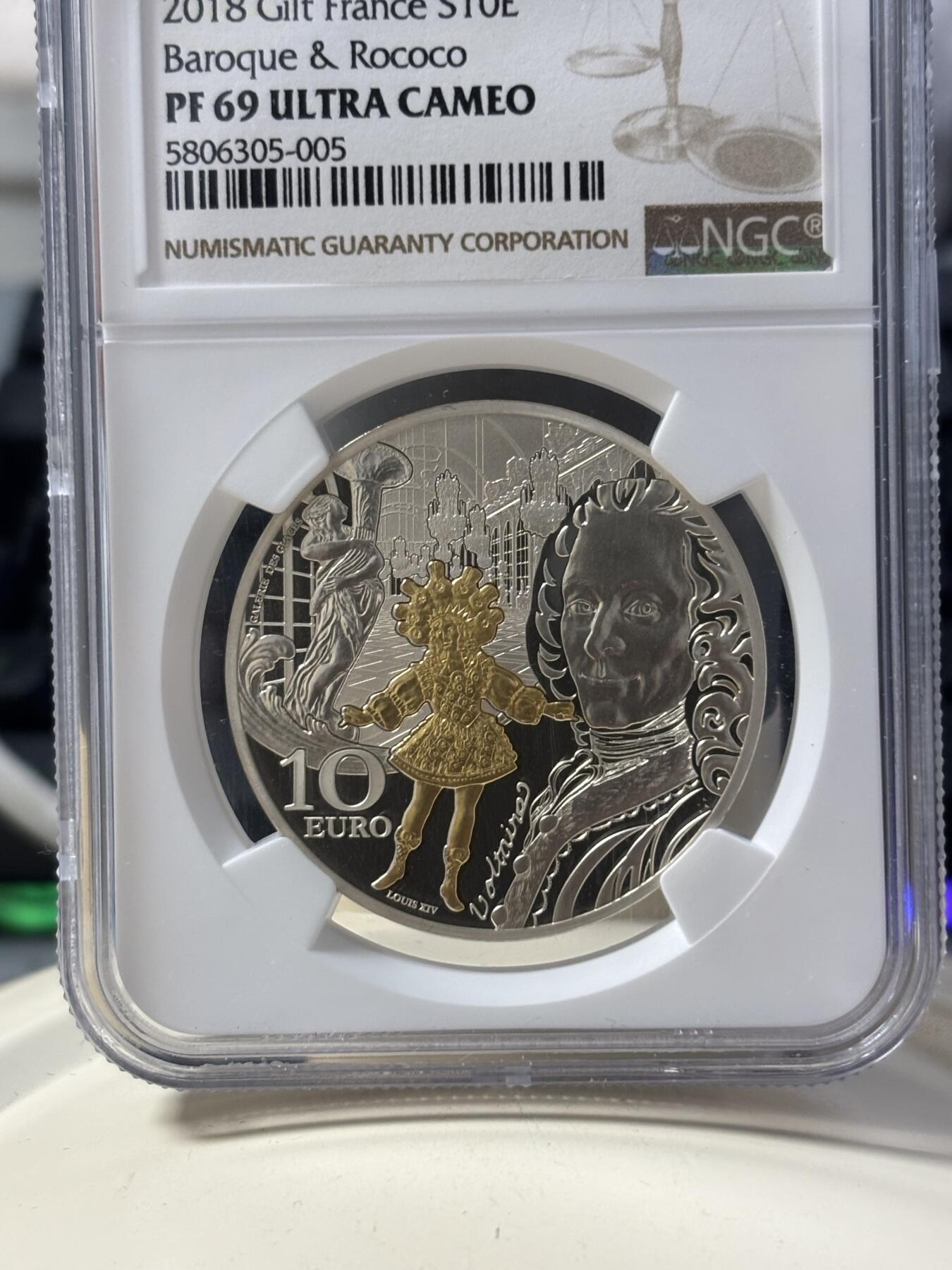 第182期拍卖 法国2018年欧洲之星巴洛克和洛可可精制镀金银币NGC-PF69无盒无证书，900银，22.2克，发行10000枚