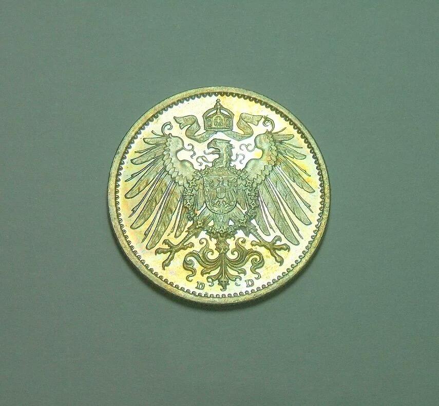 【银】德国一战1915年D版1马克银币 精制PROOF版 黄金五彩 极其稀少