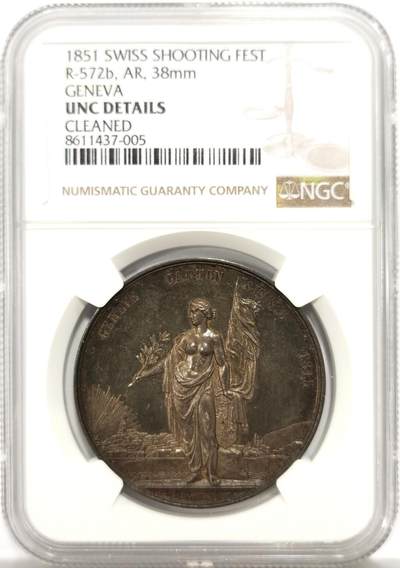 博洋堂世界钱币拍卖第147期（全场包邮） - NGC UNC 瑞士1851年日内瓦射击节纪念银章 细节清晰 高点无损
