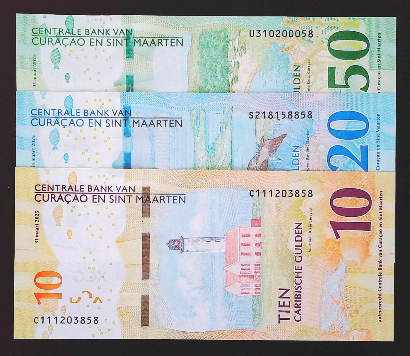 世界靓号纸钞第七十八期 2025年库拉索10-20-50盾 三张都是无47 尾58同 全新UNC