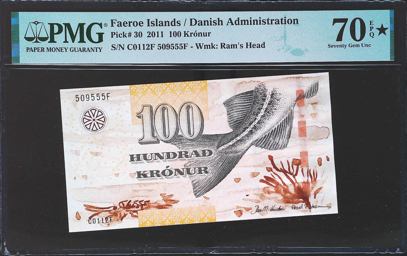 世界靓号纸钞第七十八期 2011年法罗群岛100克朗 全程无347 豹子号555 PMG70星 满分