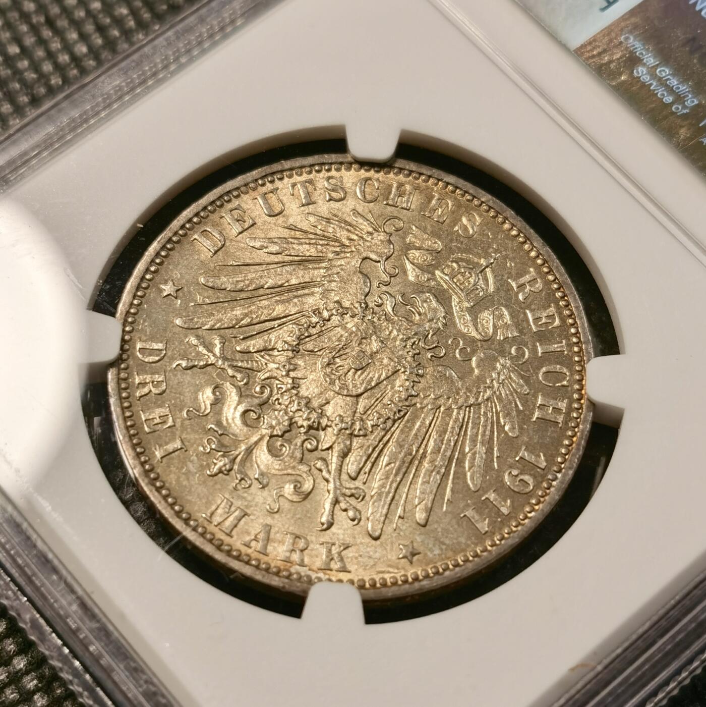 甄臻铺-世界币章拍卖（第40期）送拍享返佣金等优惠多多 NGC-MS64 德国1911年汉堡自由市3马克银币 黄油转光 价格已经水涨船高