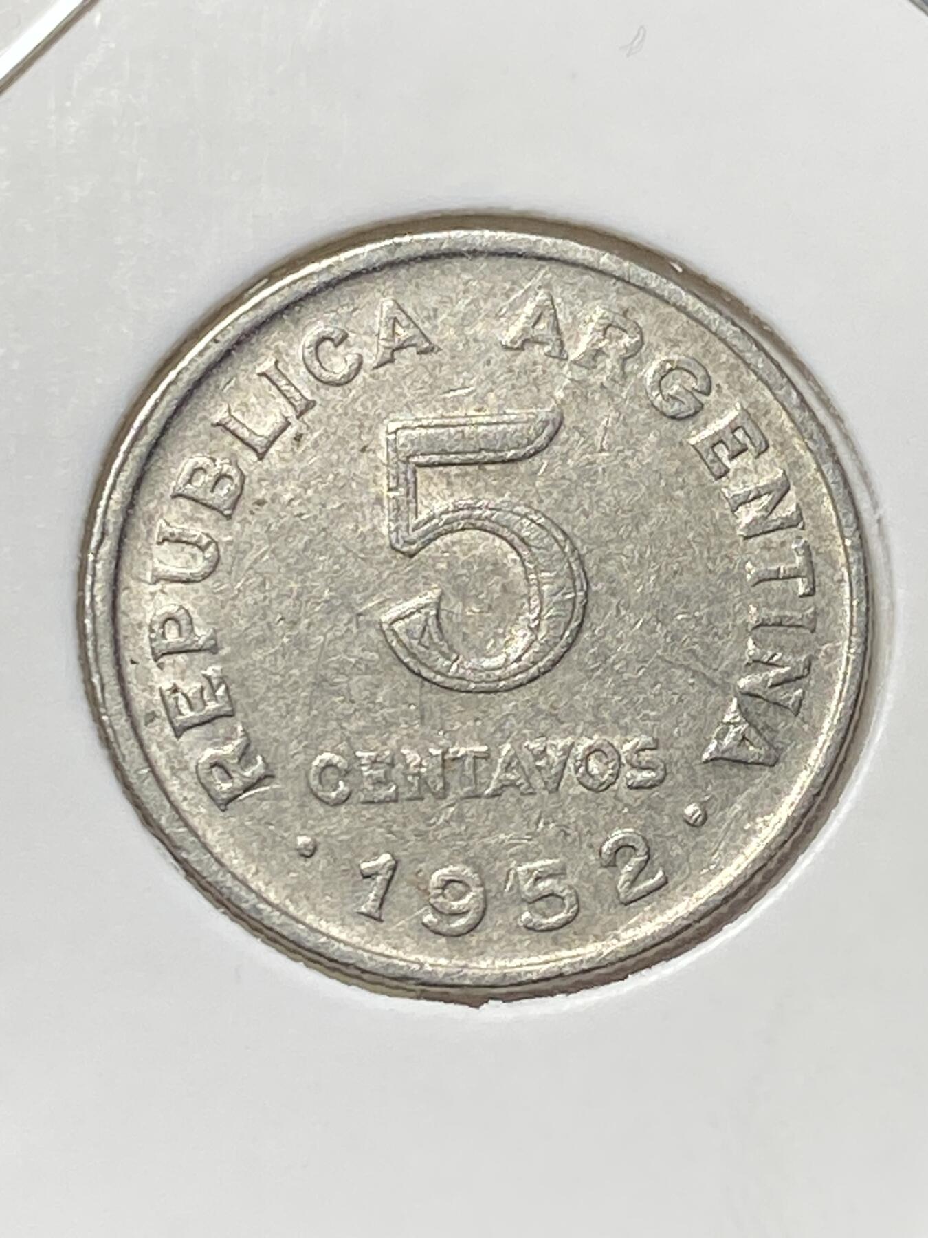 2025年第一百三十一场(总第一百五十七场）外国好品纸夹散币场(免佣金) 阿根廷🇦🇷1952年5分(圣马丁头像第一版，仅发行3年，齿边无磁版)