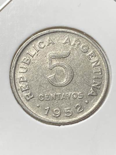 2025年第一百三十一场(总第一百五十七场）外国好品纸夹散币场(免佣金) - 阿根廷🇦🇷1952年5分(圣马丁头像第一版，仅发行3年，齿边无磁版)