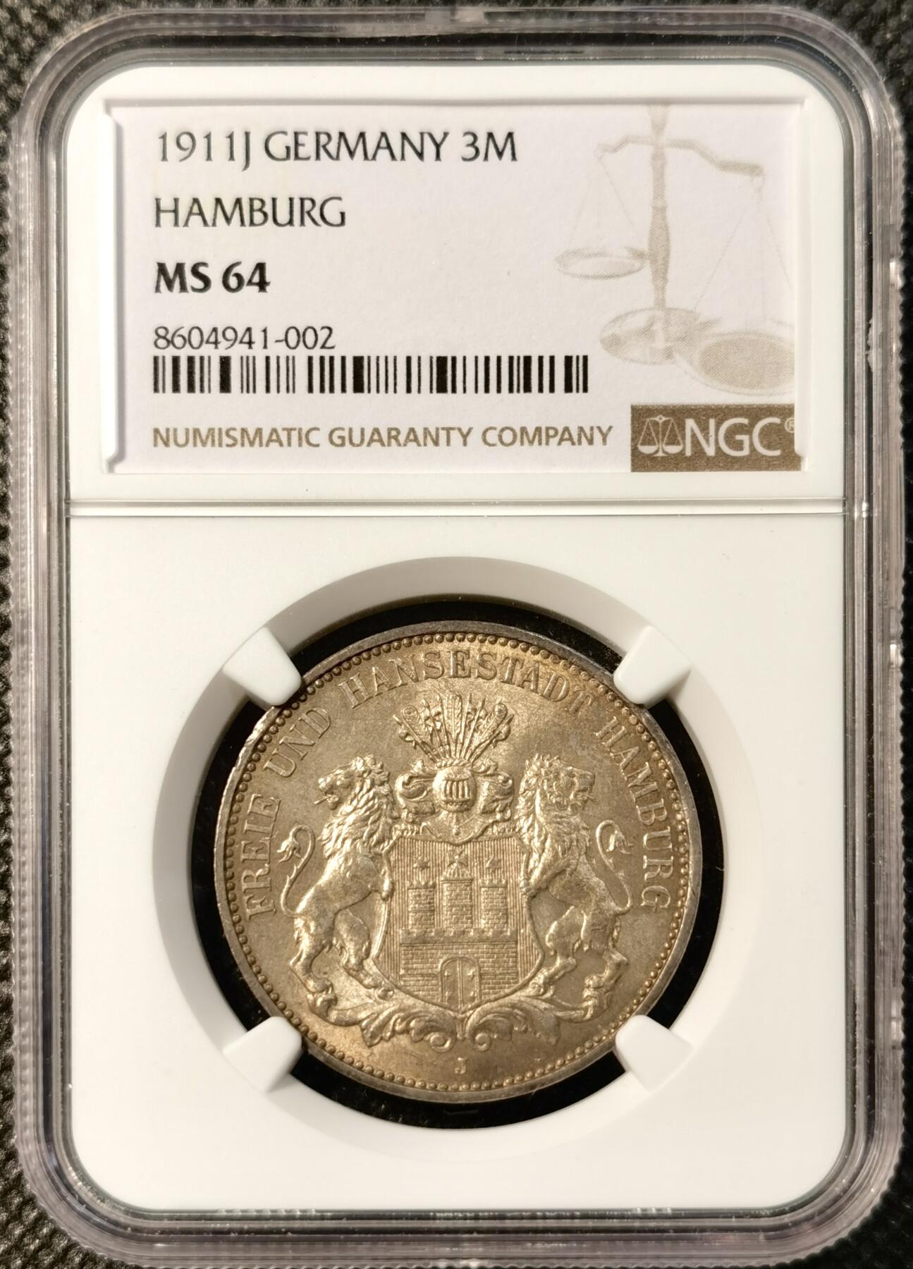 甄臻铺-世界币章拍卖（第40期）送拍享返佣金等优惠多多 NGC-MS64 德国1911年汉堡自由市3马克银币 黄油转光 价格已经水涨船高