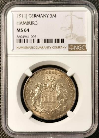 甄臻铺-世界币章拍卖（第40期）送拍享返佣金等优惠多多 - NGC-MS64 德国1911年汉堡自由市3马克银币 黄油转光 价格已经水涨船高
