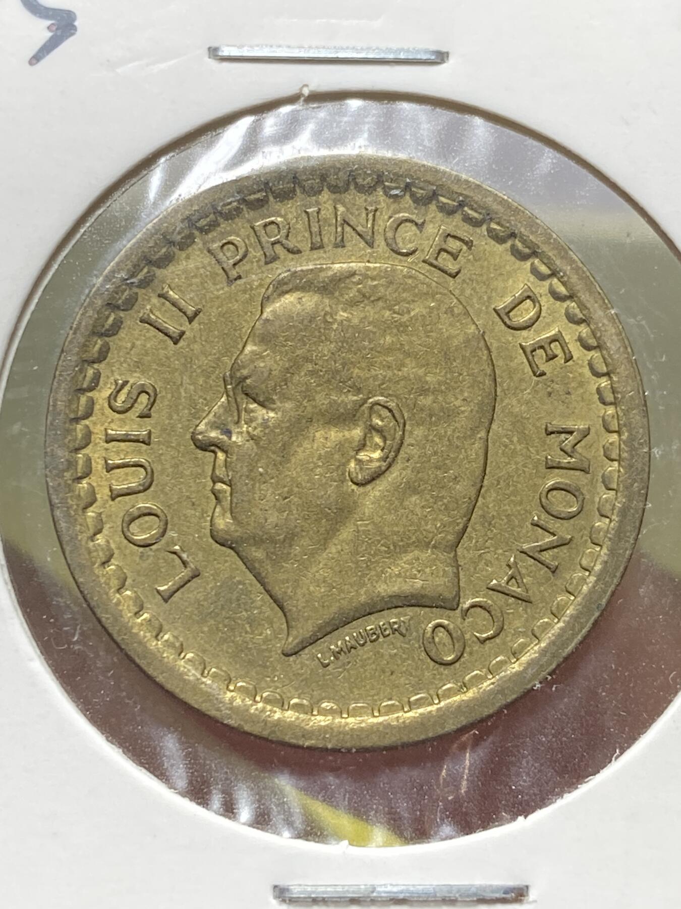 2025年第一百三十一场(总第一百五十七场）外国好品纸夹散币场(免佣金) 少见–摩纳哥🇲🇨1945年1法郎(路易斯二世第二套第二版，铝青铜材质版)